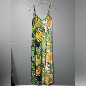 PINCH Anthropologie Green/Orange Floral Dress Sz LG Side Slits Tie Back Adjust